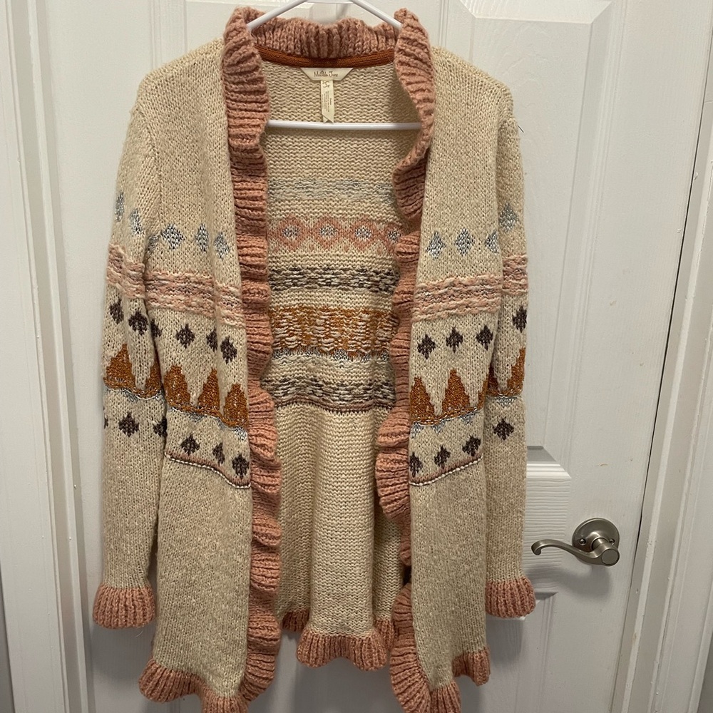 Matilda Jane Cream Fair Isle Open-Front Cardigan with Pink Trim